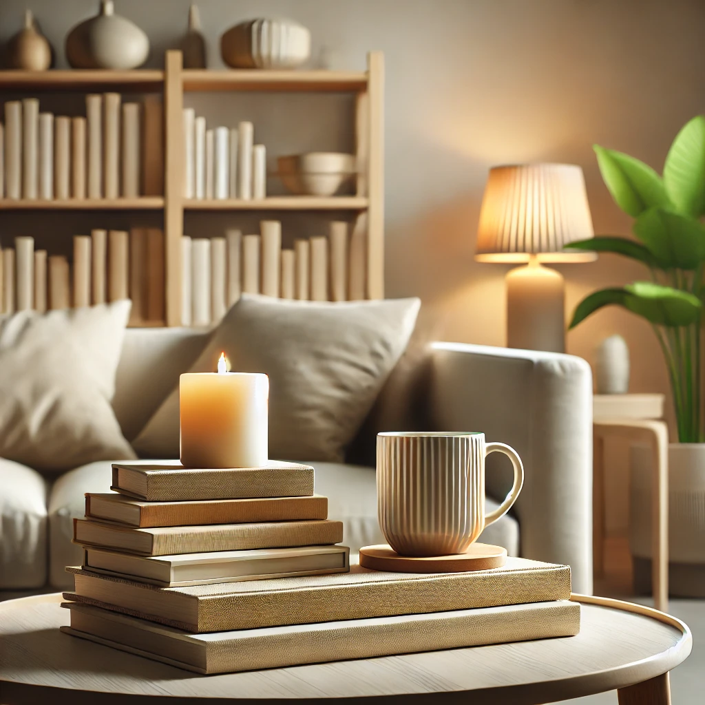 Eine gemütliche, moderne Wohnzimmerecke mit warmen neutralen Farben wie Beige und Creme. Im Vordergrund liegt ein Stapel Bücher mit einer brennenden Kerze und einer Tasse darauf. Umgeben von üppigen grünen Zimmerpflanzen, schafft die Szene eine ruhige und entspannte Atmosphäre. Weiches, warmes Licht unterstreicht das Thema Achtsamkeit und Gemütlichkeit.