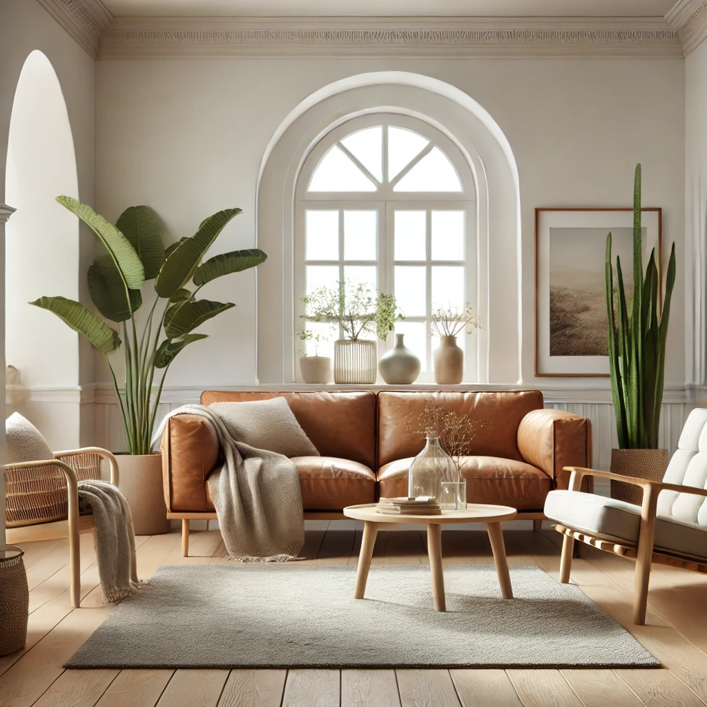 Ein helles und luftiges Wohnzimmer mit einem skandinavisch inspirierten Design: ein warmes braunes Ledersofa, ein Holzcouchtisch mit einem Korb darauf, zwei helle Stoffsessel mit Holzrahmen und ein strukturierter grauer Teppich auf hellen Holzdielen. Eine große grüne Zimmerpflanze steht in der Ecke, neben einem großen, gewölbten Fenster, das weiches, natürliches Licht hereinlässt. Die Wände sind weiß gestrichen, und ein minimalistisches Landschaftskunstwerk in einem Rahmen hängt über dem Sofa.