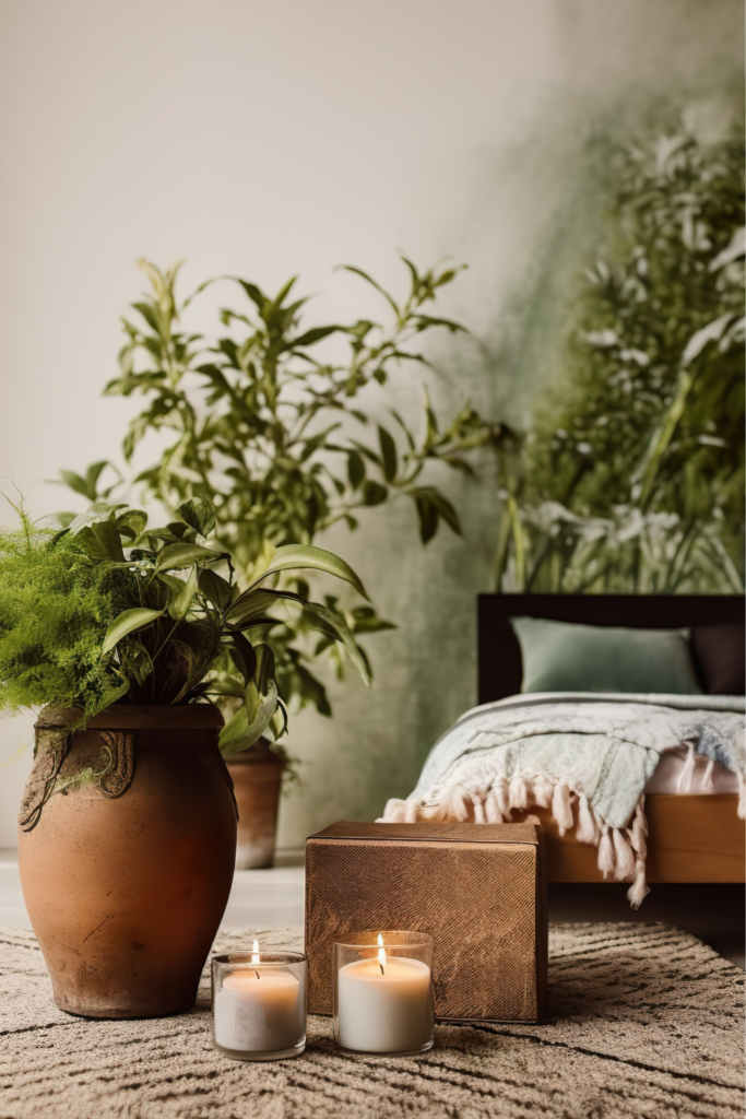 Im Vordergrund eine braune Keramikvase mit Pflanzen, daneben brennende Kerzen. Im Hintergrund ein Bett und weitere Pflanzen, die eine gemütliche und einladende Stimmung erzeugen.