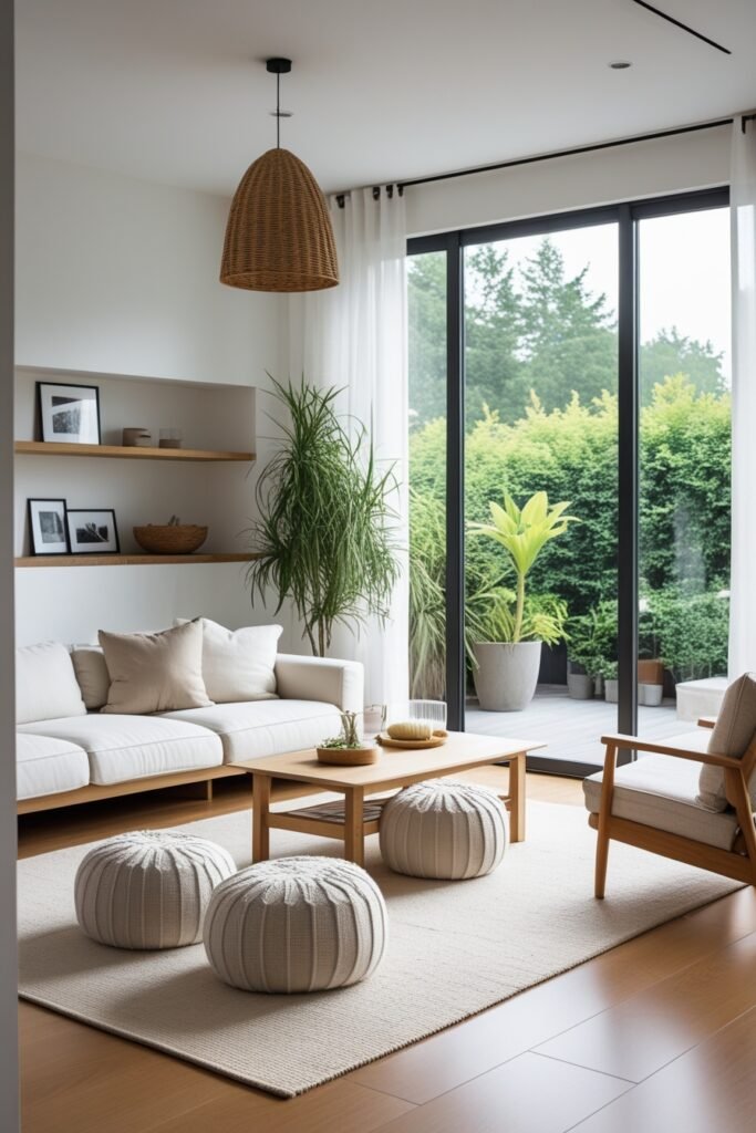 Ein heller und moderner Wohnraum im minimalistischen skandinavischen Design. Der Raum ist ausgestattet mit einem niedrigen, weißen Stoffsofa, das mit neutralen Kissen ergänzt wird, einem einfachen Holzcouchtisch mit minimalistischer Dekoration und einem weichen beigen Teppich. Drei Poufs in neutralen Tönen stehen vor dem Couchtisch. Rechts befindet sich ein Holzsessel mit hellem Stoff, der das Dekor abrundet. Große Fenster bis zum Boden lassen viel natürliches Licht herein und bieten einen Blick auf üppiges Grün. Eine hohe Zimmerpflanze in der Ecke bringt Leben in den Raum, während eine Rattan-Pendelleuchte über dem Tisch für eine gemütliche Atmosphäre sorgt. Ein eingebautes Holzregal mit minimalistischen Dekorationselementen ist an der linken Wand zu sehen.