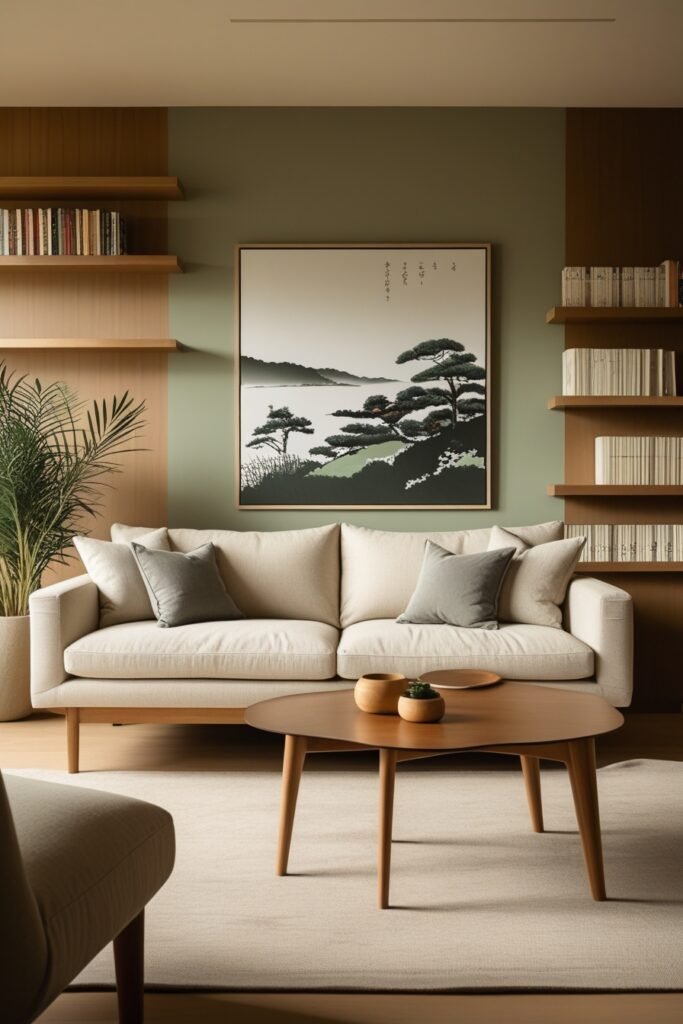 A modern Japandi-style living room with a warm, minimalist aesthetic. The room features a neutral beige sofa with wooden legs, paired with soft gray cushions. A sleek wooden coffee table. The background showcases floating wooden shelves with neatly arranged books along with a large framed landscape artwork on the wall. A tall, elegant indoor plant adds a natural touch, and the overall palette includes soft beige, warm wood, and muted green tones. Lighting is soft and warm, creating a cozy, tranquil atmosphere