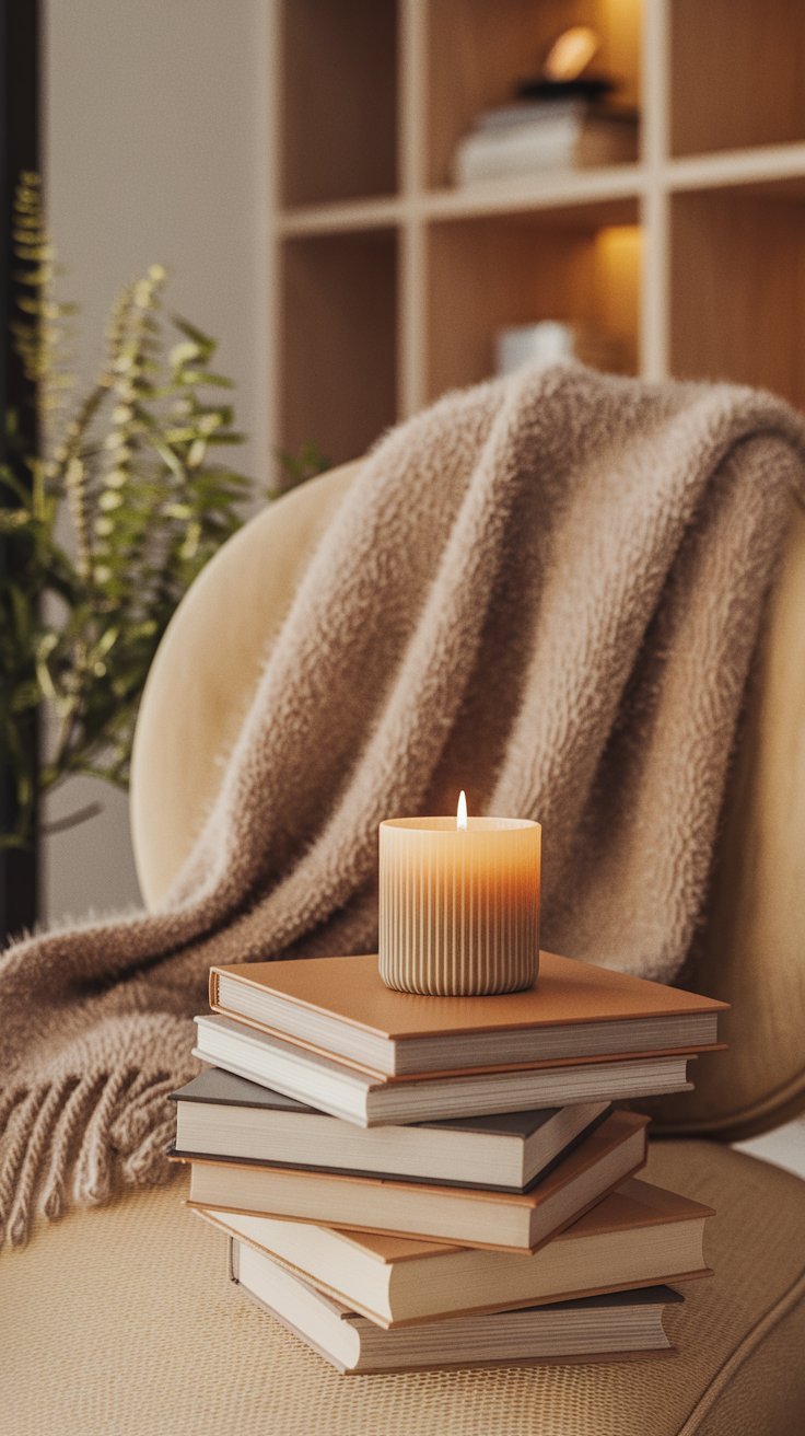 Eine gemütliche, moderne Wohnzimmerecke mit warmen neutralen Farben wie Beige und Creme. Im Vordergrund liegt ein Stapel Bücher mit einer brennenden Kerze und einer Tasse darauf. Umgeben von üppigen grünen Zimmerpflanzen, schafft die Szene eine ruhige und entspannte Atmosphäre. Weiches, warmes Licht unterstreicht das Thema Achtsamkeit und Gemütlichkeit.