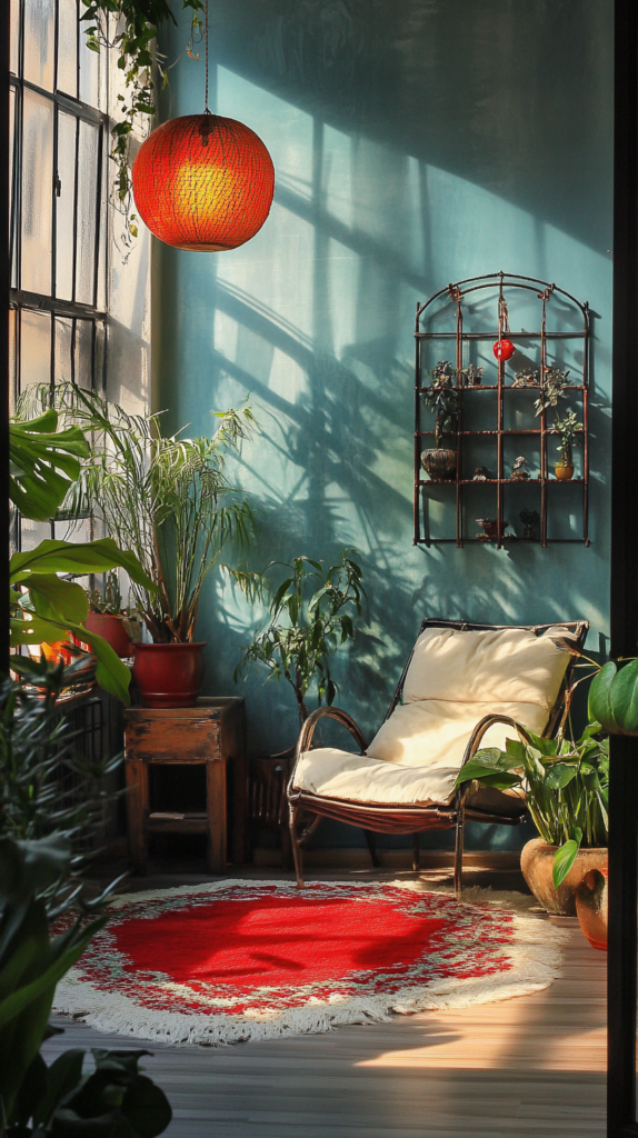 Ein Raum im Feng-Shui-Stil mit einer harmonischen Kombination aus grünen Pflanzen, roten Akzenten und beruhigenden Blautönen. Die ausgewogene Gestaltung fördert das Wohlbefinden und schafft eine entspannte Atmosphäre.