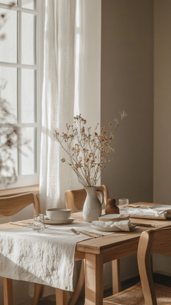 Ein Esszimmer im Japandi-Stil mit einem kleinen Massivholztisch, kombiniert mit Leinen-Servietten und handgefertigtem Keramikgeschirr. Die minimalistische, aber elegante Einrichtung setzt auf warme, neutrale Farbtöne und sanfte Beleuchtung. Dezente Details wie schlichte Holzstühle, eine Vase mit getrockneten Blumen und eine weiche Leinentischdecke verleihen dem Raum eine gemütliche, harmonische Atmosphäre