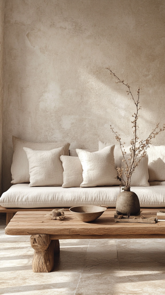 Ein kleines Wohnzimmer im Japandi-Stil mit warmen, neutralen Farbtönen. Ein niedriger Holztisch, ein Sofa aus Leinen und natürliche Texturen sorgen für eine gemütliche Atmosphäre. Minimalistische Dekoration, organische Formen und eine sanfte Beleuchtung schaffen einen harmonischen Raum.