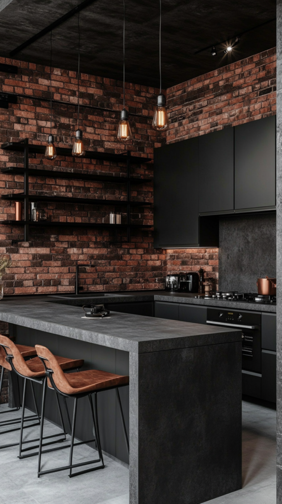 Eine industrielle Loft-Küche mit Backsteinwänden, Metallregalen und Betonarbeitsplatte. Offene Regale und Edison-Glühbirnen sorgen für eine urbane Atmosphäre.