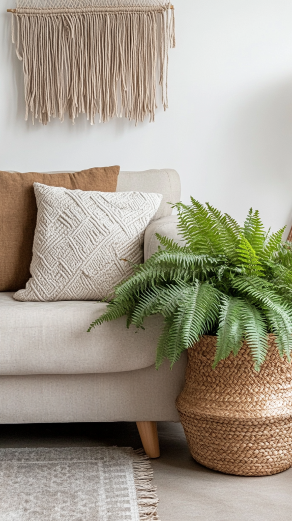 "Ein boho-inspiriertes Wohnzimmer mit einem üppigen Farn in einem geflochtenen Korb. Die Dekoration umfasst Makramee-Wandhänger, neutrale Kissen und Holzelemente, die eine natürliche Atmosphäre schaffen.