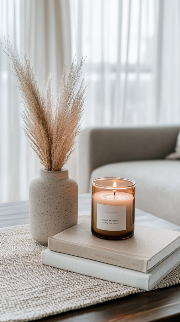 Ein stilvoll dekorierter Wohnzimmertisch mit einer minimalistischen Keramikvase mit Pampasgras, edlen Coffee-Table-Books und einer Duftkerze in einem eleganten Glasgefäß. Sanftes Morgenlicht unterstreicht die gemütliche Atmosphäre.