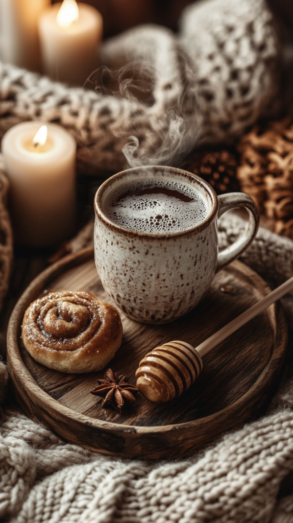 Ein Flat-Lay mit einem gemütlichen Tee-Setup: Eine dampfende Tasse Kräutertee in einer Keramiktasse, ein Holztablett mit Zimtschnecken, ein Honiglöffel und eine gestrickte Tischdecke. Sanftes Kerzenlicht und warme Erdtöne sorgen für Hygge-Stimmung.