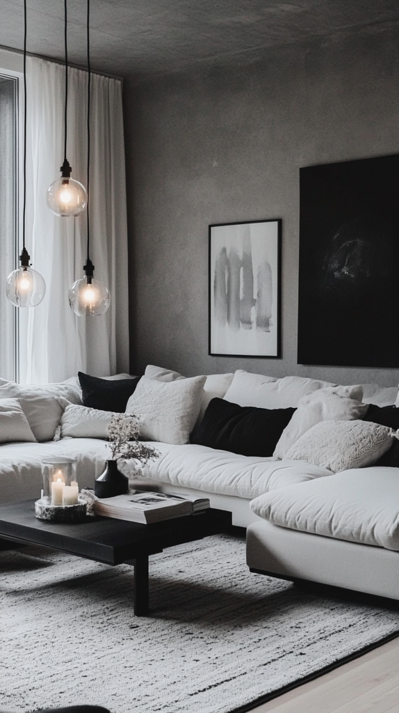Ein modernes Wohnzimmer mit einer monochromen Farbgestaltung in Schwarz und Weiß. Minimalistische Möbel und sanfte Ambientebeleuchtung verleihen dem Raum einen stilvollen, zeitlosen Look