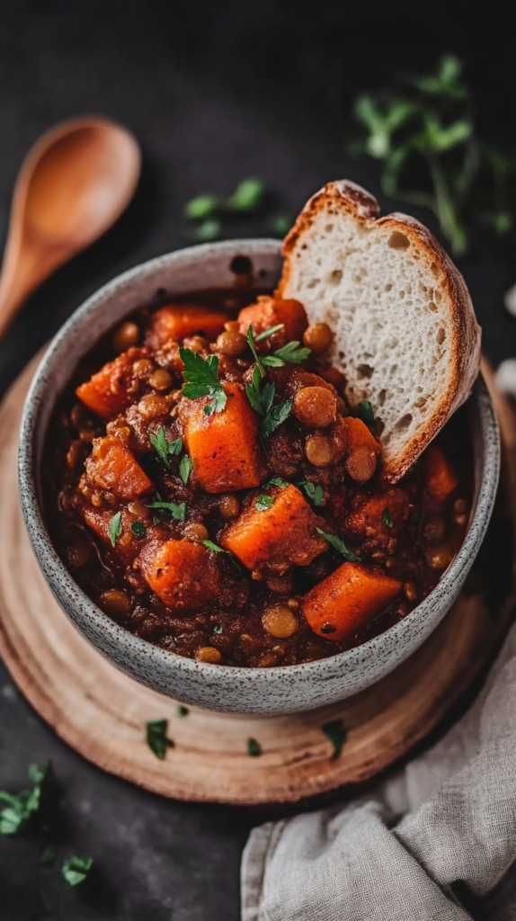 Ein Flat-Lay mit einem herzhaften Linseneintopf in einer rustikalen Keramikschüssel. Enthält weiche Karotten, Tomaten und aromatische Gewürze. Garniert mit frischer Petersilie und serviert mit einer Scheibe Vollkornbrot. Ein Holzlöffel und eine Leinenserviette ergänzen die gemütliche, hausgemachte Atmosphäre."