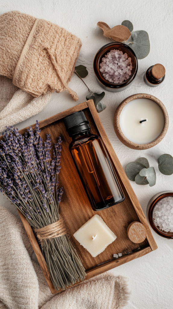 Ein Flat-Lay mit einem Spa-inspirierten Aromatherapie-Set. Enthält ätherische Öle in braunen Glasflaschen, getrocknete Lavendelbündel, Eukalyptusblätter, Sojawachskerzen und Keramiköl-Diffuser. Der Hintergrund ist ein rustikales Holztablett mit weichem Leinen und verstreuten Badesalzen.