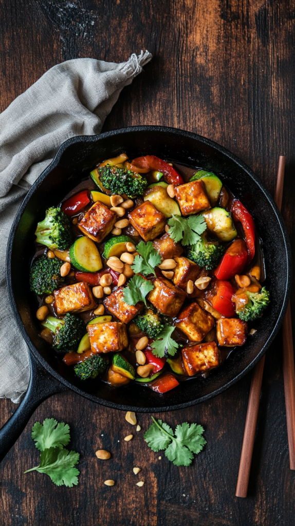 "Ein Flat-Lay mit einer bunten Gemüsepfanne mit goldbraun gebratenem Tofu, roten und gelben Paprikastreifen, Brokkoliröschen und Zucchinischeiben. Serviert in einer schwarzen Gusseisenpfanne mit cremiger Erdnusssauce, bestreut mit gehackten Erdnüssen und frischem Koriander. Der Hintergrund ist rustikales Holz mit einer Leinenserviette und Essstäbchen neben der Pfanne.