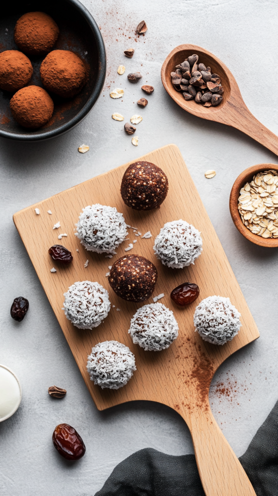 Ein Flat-Lay mit hausgemachten Energy Balls, umhüllt von Kokosraspeln und Kakaopulver, serviert auf einem mit Backpapier belegten Holzbrett. Haferflocken, Kakaonibs und einige ganze Datteln sorgen für zusätzliche Textur."