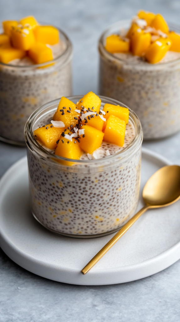 Ein Flat-Lay mit drei kleinen Gläsern Chia-Pudding, dekoriert mit goldgelben Mangostücken und Kokosraspeln. Serviert auf einem minimalistischen weißen Teller mit einem goldenen Löffel.