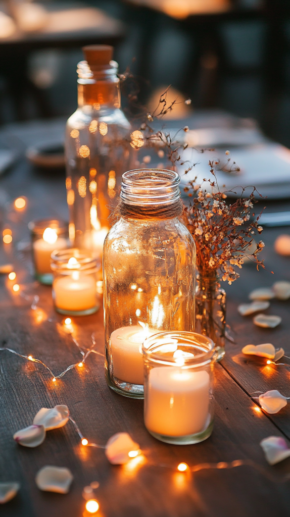 "Ein zauberhaftes Hochzeitsarrangement mit wiederverwendeten Glasflaschen und Einmachgläsern, dekoriert mit Juteband und Lichterketten. Auf einem Holztisch platziert, umgeben von Blütenblättern und Trockenblumen, verleiht das warme Licht eine romantische Stimmung