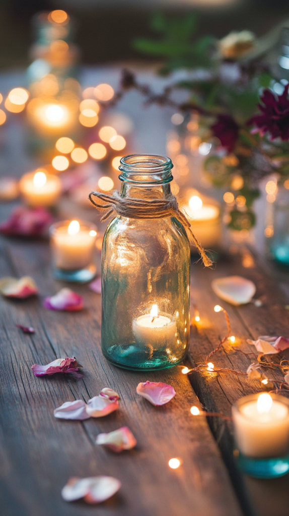 "Ein zauberhaftes Hochzeitsarrangement mit wiederverwendeten Glasflaschen und Einmachgläsern, dekoriert mit Juteband und Lichterketten. Auf einem Holztisch platziert, umgeben von Blütenblättern und Trockenblumen, verleiht das warme Licht eine romantische Stimmung