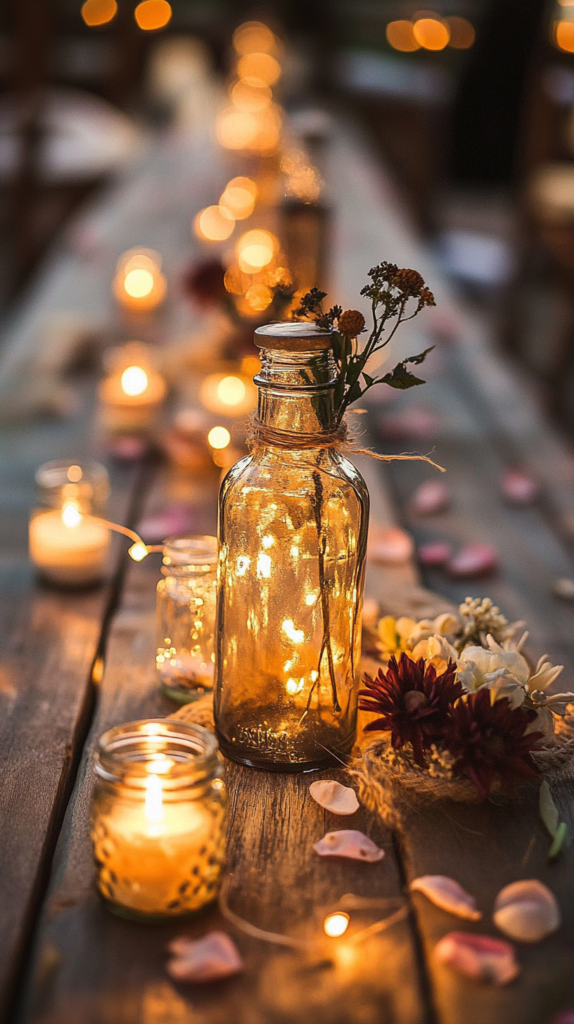 "Ein zauberhaftes Hochzeitsarrangement mit wiederverwendeten Glasflaschen und Einmachgläsern, dekoriert mit Juteband und Lichterketten. Auf einem Holztisch platziert, umgeben von Blütenblättern und Trockenblumen, verleiht das warme Licht eine romantische Stimmung