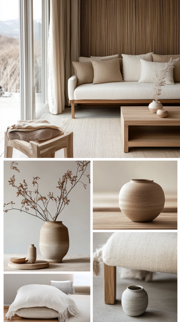 Ein stimmungsvolles Moodboard im Japandi-Stil mit einem minimalistischen, gemütlichen Wohnzimmer. Die Collage zeigt natürliche Holzmöbel, eine neutrale Farbpalette in Beige, Grau und Braun sowie eine harmonische Kombination aus skandinavischem und japanischem Design. Keramikvasen, Leinenstoffe und niedrige Holztische unterstreichen den ruhigen, eleganten Stil.