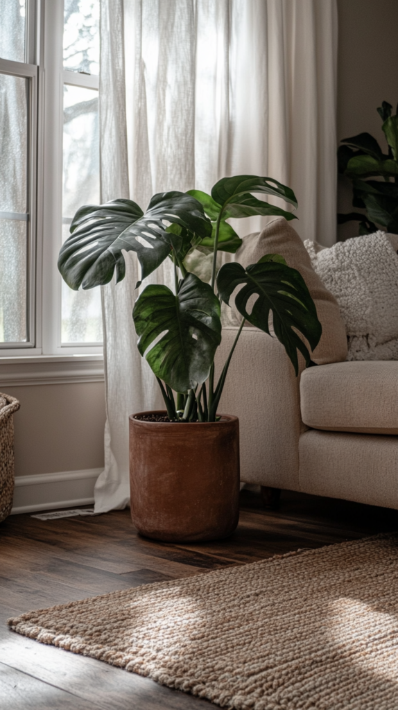 Ein gemütliches Wohnzimmer mit einer großen Monstera deliciosa in einem Terrakotta-Topf. Das Ambiente ist warm und modern mit Holzmöbeln, beiger Couch und sanftem Tageslicht, das die grünen Blätter betont.