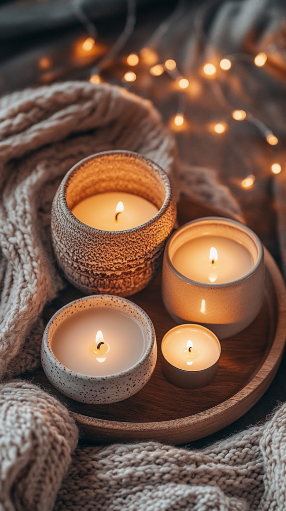 Ein Flat-Lay mit einer hyggeligen Kerzendekoration: Sanft leuchtende Kerzen in Keramik- und Glasgefäßen, Lichterketten und eine gestrickte Wolldecke auf einem rustikalen Holztablett für eine gemütliche Atmosphäre."