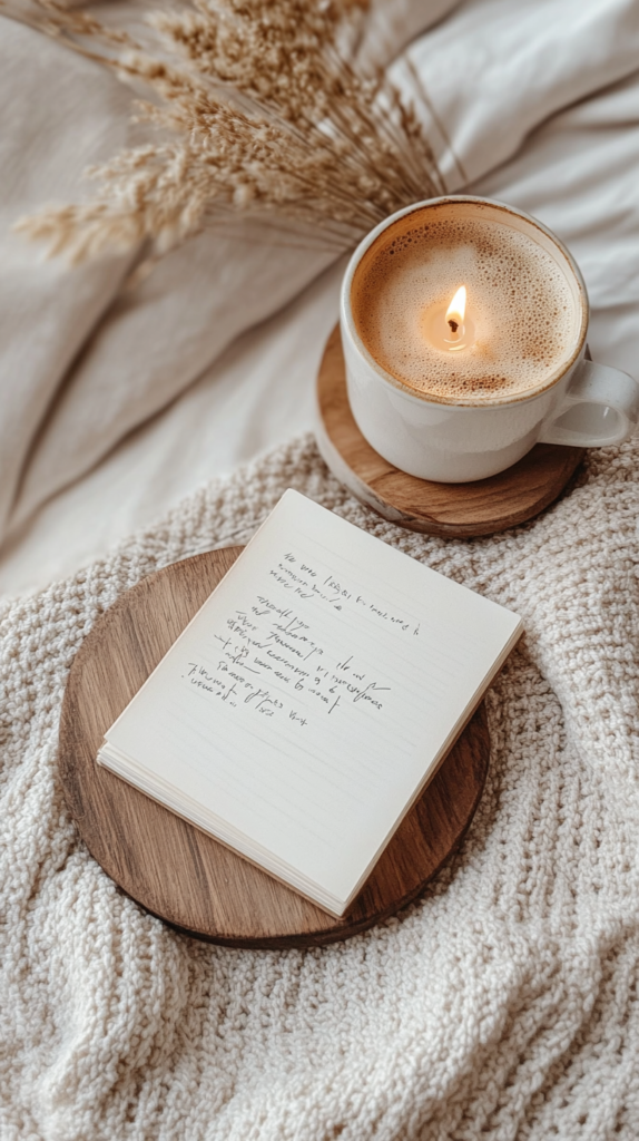 Ein Flat-Lay mit einem achtsamen Hygge-Moment: Ein Dankbarkeitsjournal mit handgeschriebenen Notizen, eine Tasse Kaffee auf einem rustikalen Holzuntersetzer, eine brennende Kerze und sanfte Leinentexturen. Warmes, stimmungsvolles Licht sorgt für eine ruhige und friedliche Atmosphäre.