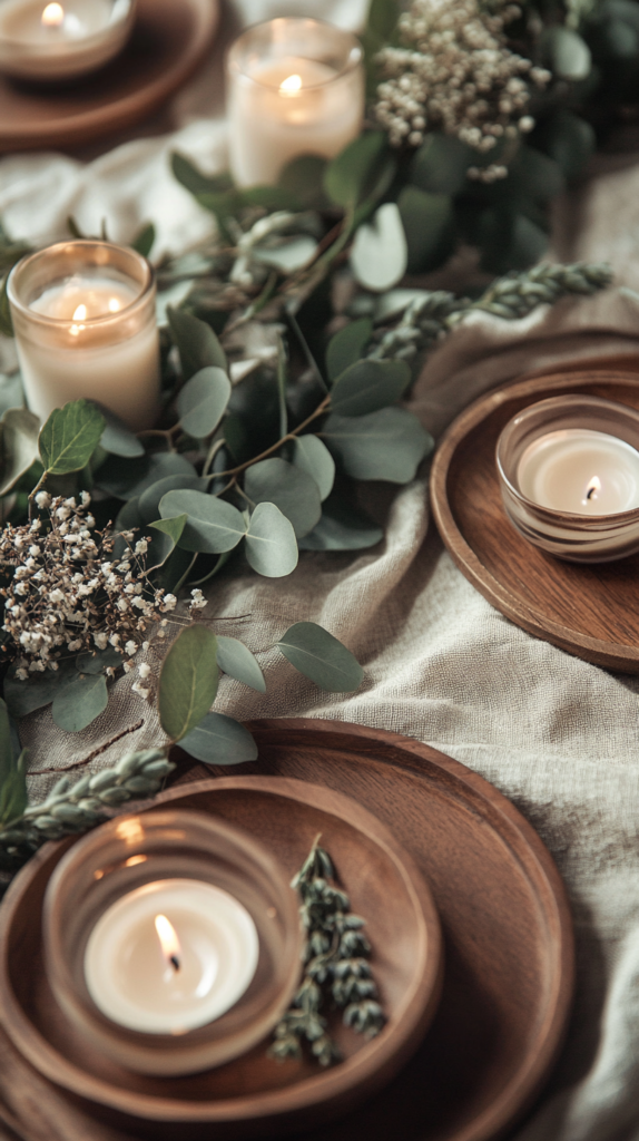 Ein stilvolles Flat-Lay mit einer rustikalen Hochzeits-Tischdekoration. Eukalyptusgirlanden, Trockenblumen wie Lavendel und Schleierkraut, sowie Kerzenhalter auf natürlichen Holzplatten sorgen für eine elegante und gemütliche Atmosphäre.