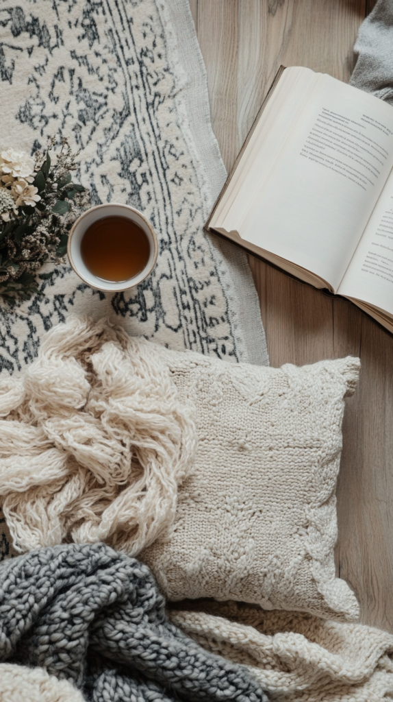 Ein Flat-Lay mit weichen Heimtextilien: Flauschige Wolldecken in Beige und Grau, Leinen- und Strickkissen sowie ein kuscheliger Teppich. Eine dampfende Tasse Tee und ein offenes Buch sorgen für eine entspannte Atmosphäre.