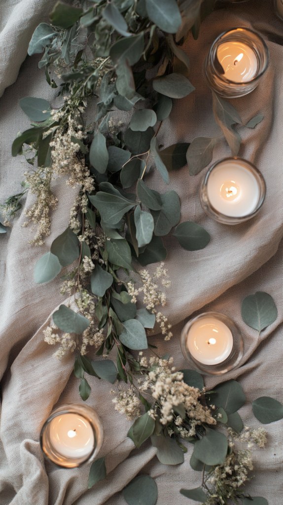 Ein stilvolles Flat-Lay mit einer rustikalen Hochzeits-Tischdekoration. Eukalyptusgirlanden, Trockenblumen wie Lavendel und Schleierkraut, sowie Kerzenhalter auf natürlichen Holzplatten sorgen für eine elegante und gemütliche Atmosphäre.
