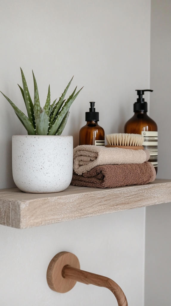 Ein skandinavisch eingerichtetes Badezimmerregal mit einer Aloe Vera in einem weißen Keramiktopf. Neben der Pflanze stehen stilvolle Braunglasflaschen, ein gerolltes Leinentuch und eine Holz-Bürste für ein entspannendes Spa-Gefühl.