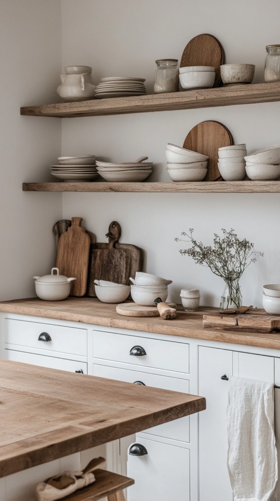 Eine skandinavisch-rustikale Küche mit weißen Schränken, Holzdetails und offener Regaldekoration. Natürliche Stoffe und Keramik verleihen ihr einen gemütlichen Charakter.