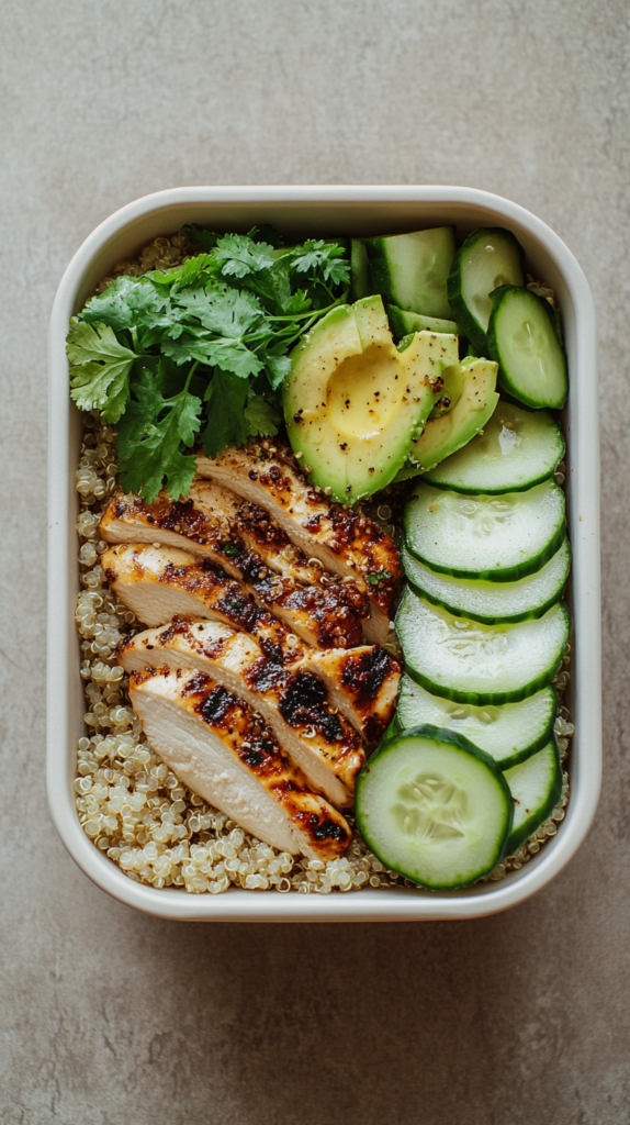 Meal Prep Rezept mit Hähnchen, Quinoa und Avocado – gesunde Mahlzeit"