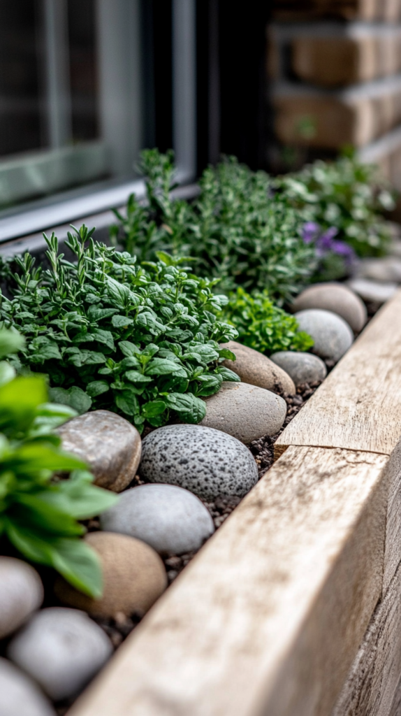 Ein kunstvoll gestalteter kleiner Steingarten mit einer Mischung aus aromatischen Kräutern wie Rosmarin, Thymian und Basilikum, die zwischen glatten Natursteinen wachsen. Das kompakte Gartenbeet ist mit rustikalen Holzbrettern eingefasst und schafft eine charmante und funktionale Ecke. Sanftes Morgenlicht fällt durch die Pflanzen und wirft weiche Schatten auf das frische Grün