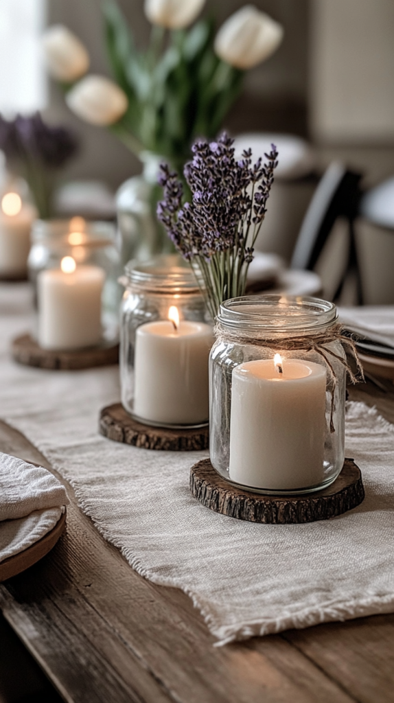 Ein liebevoll gedeckter Frühlings-Tisch mit recycelten Glaslichtern als Kerzenhalter. Die Gläser sind mit Juteband, getrocknetem Lavendel und gepressten Wildblumen verziert, während sanftes Kerzenlicht leuchtet. Der Tisch ist mit einem Leinentuch, rustikalen Holzelementen und frischen Tulpen in einer Keramikvase dekoriert