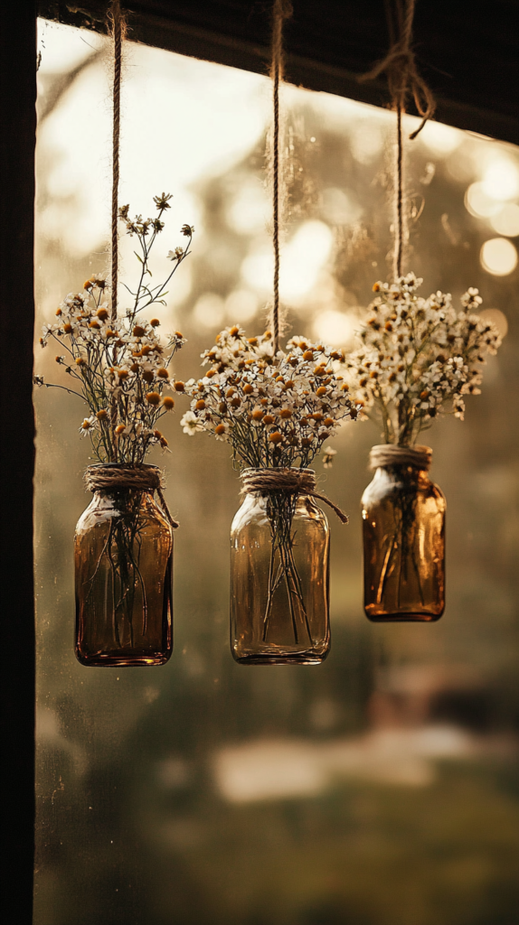 Ein wunderschön dekoriertes Frühlingsfenster mit filigranen, hängenden Glasvasen, gefüllt mit frisch gepflückten Wildblumen wie Kamille, Schleierkraut und kleinen Narzissen. Jede Vase ist mit dünnem Juteband aufgehängt und schafft einen rustikalen, aber eleganten Look. Das sanfte goldene Licht der Nachmittagssonne betont das frische Grün und die zarten Blütenblätter und verleiht dem Raum eine ruhige und belebende Atmosphäre.