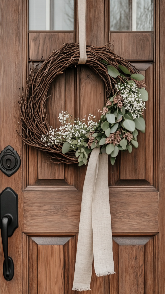 Ein handgefertigter Frühlingskranz an einer Holztür. Der Kranz besteht aus natürlichen Weidenzweigen und ist mit frischen Tulpen, Eukalyptusblättern und zartem Schleierkraut dekoriert. Ein weiches Leinenband in neutralem Beige fällt elegant herab und verleiht dem Eingangsbereich eine stilvolle, natürliche Note.