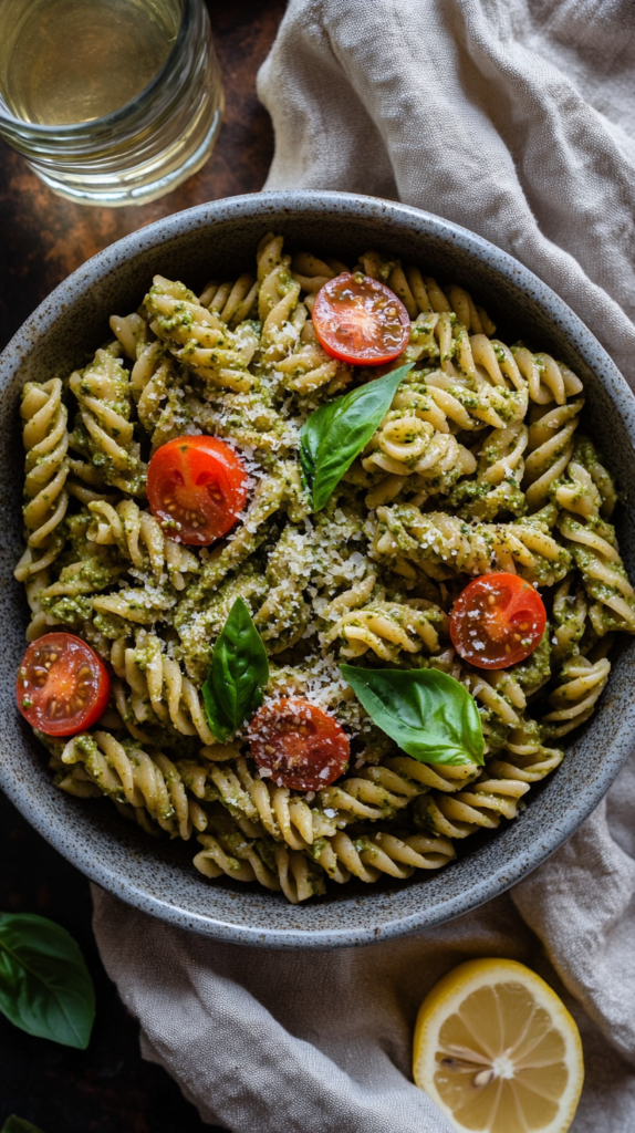 "Ein Flat-Lay mit Vollkornpasta in einer cremigen grünen Cashew-Pesto-Sauce. Garniert mit halbierten Cherrytomaten, frischem Basilikum und einem Hauch Hefeflocken. Serviert auf einem rustikalen Keramikteller, mit einer strukturierten Leinenserviette darunter und einem Glas Zitronenwasser sowie einer kleinen Schale mit zusätzlichem Pesto.