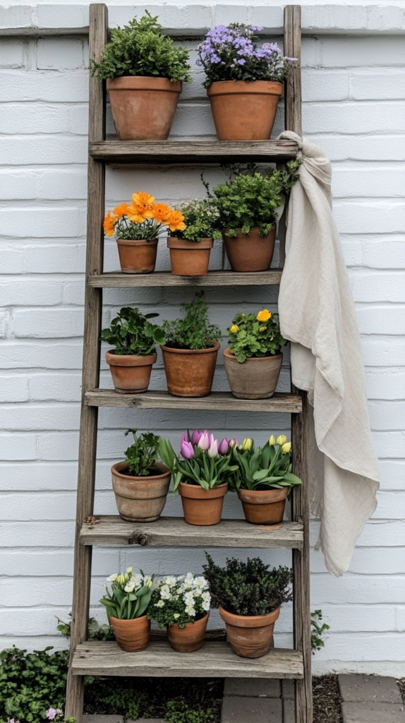 Eine liebevoll umfunktionierte Holzleiter, die als vertikaler Frühlingsgarten dient. Die rustikale Leiter lehnt an einer weißen Landhauswand, und auf jeder Stufe stehen Terrakotta-Töpfe mit bunten Frühlingsblumen wie Tulpen, Narzissen und Primeln. Ein weiches Leinentuch hängt lässig über einer Sprosse und verleiht dem Garten ein gemütliches und einladendes Ambiente