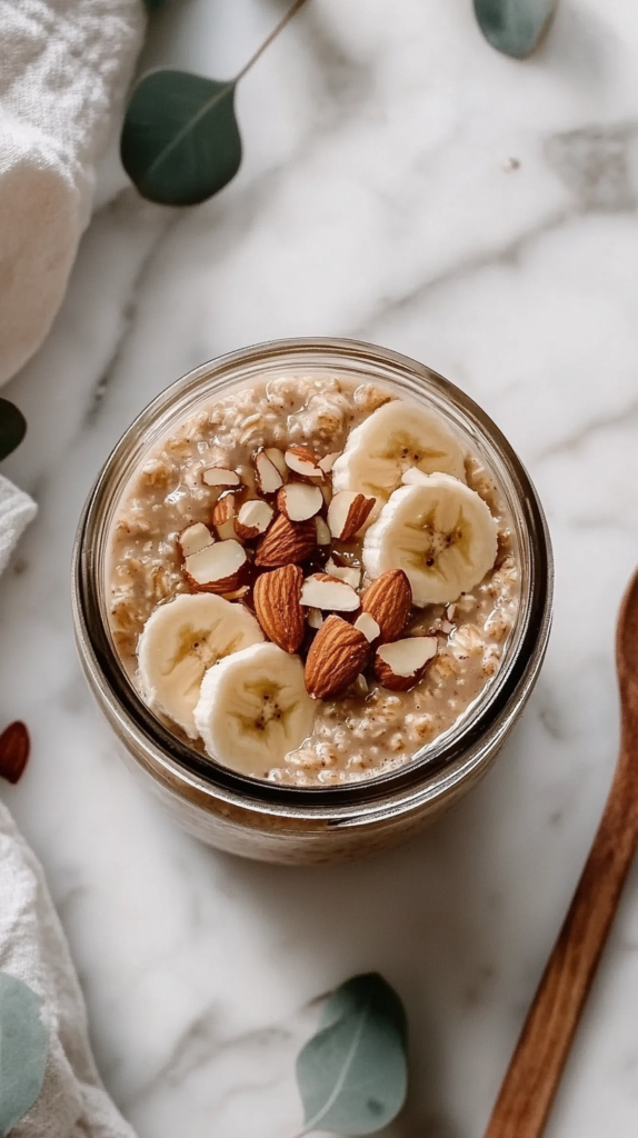 Ein Glas cremiger Overnight Oats mit Chiasamen, Mandelmilch und frischen Früchten, angerichtet mit Bananenscheiben und Nüssen. Daneben liegt ein Holzlöffel, die Szene ist hell und freundlich mit einer minimalistischen Frühstücksästhetik.