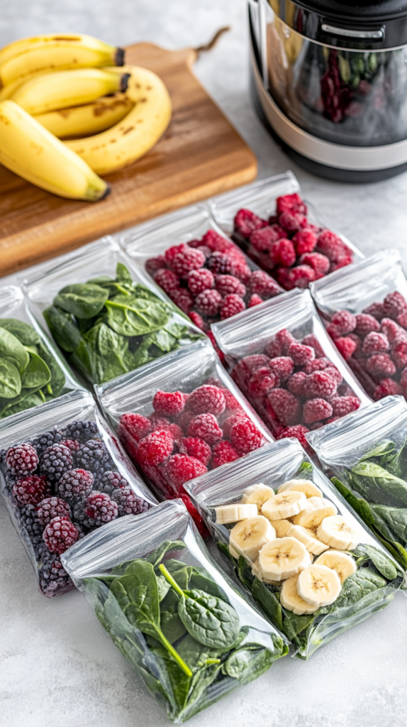 Ein Flat-Lay mit mehreren vorbereiteten Smoothie-Päckchen, gefüllt mit gefrorenen Bananen, Spinat und Beeren. Arrangiert auf einem hellen Untergrund mit einem Holzbrett und einem Mixer im Hintergrund.