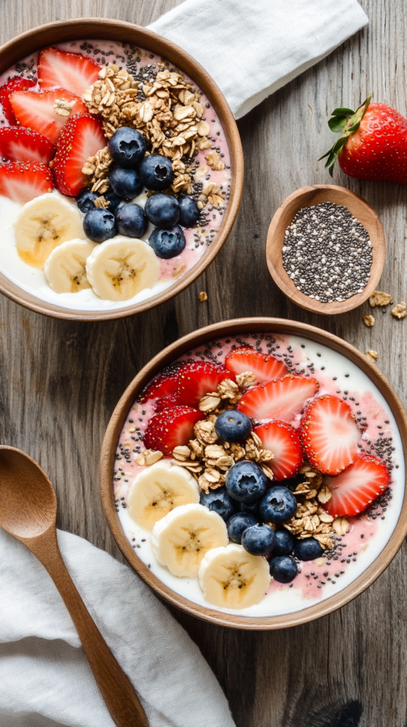 Ein Flat-Lay mit frisch gebackenem, knusprigem Granola, das gleichmäßig auf einem mit Backpapier belegten Backblech verteilt ist. Enthält geröstete Haferflocken, Mandeln und eine Prise Zimt, mit verstreuten Rosinen und Kokosflocken. Ein Holzlöffel liegt auf dem Granola, daneben eine locker drapierte Leinenserviette. Natürliches Sonnenlicht betont die knusprige Textur und die warmen Farbtöne des Granolas.