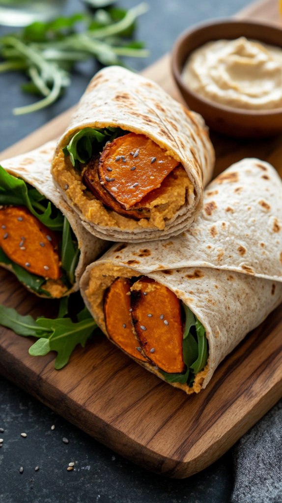 "Ein Flat-Lay mit Vollkorn-Wraps, gefüllt mit gerösteten Süßkartoffelscheiben, cremigem Hummus und knackigem Rucola. Die Wraps sind gerollt und schräg angeschnitten, serviert auf einem rustikalen Holzbrett. Eine kleine Schale mit zusätzlichem Hummus und Zitronenspalten liegen daneben und sorgen für eine einladende, gesunde Mahlzeit."