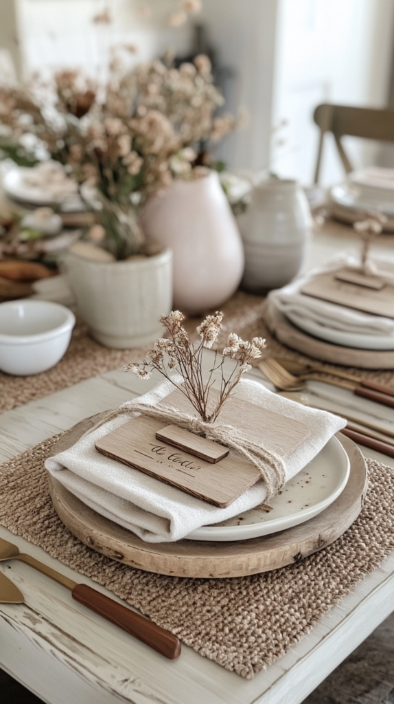 Ein zauberhaftes Ostertisch-Arrangement mit handgefertigten Namenskarten aus Holz, die mit feinem Juteband gebunden sind. Jede Karte ist mit einer kleinen getrockneten Blume verziert und auf einer gefalteten Leinenserviette platziert. Pastellfarbene Keramikteller, Vintage-Besteck und ein Strauß frischer Frühlingsblumen runden das rustikal-elegante Gesamtbild ab.