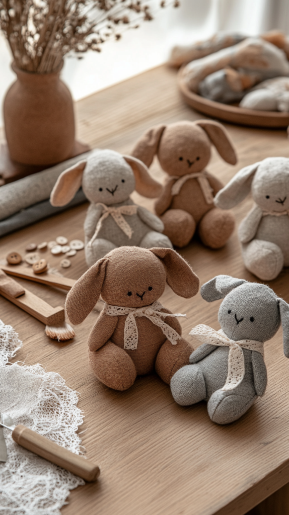 Eine bezaubernde Osterbastelszene mit handgefertigten Stoffhasen-Dekorationen. Kleine Hasenausschnitte aus weichem Leinen und Baumwollstoff in warmen Natur- und Pastelltönen werden sorgfältig zusammengenäht und mit Bio-Baumwolle gefüllt. Auf einem Holzbasteltisch liegen Nähutensilien, winzige Holzknöpfe für die Augen und feine Spitzenbänder, die um die Hälse der Häschen gebunden sind. Sanftes Frühlingslicht fällt herein und verleiht der DIY-Szene eine warme, gemütliche Atmosphäre