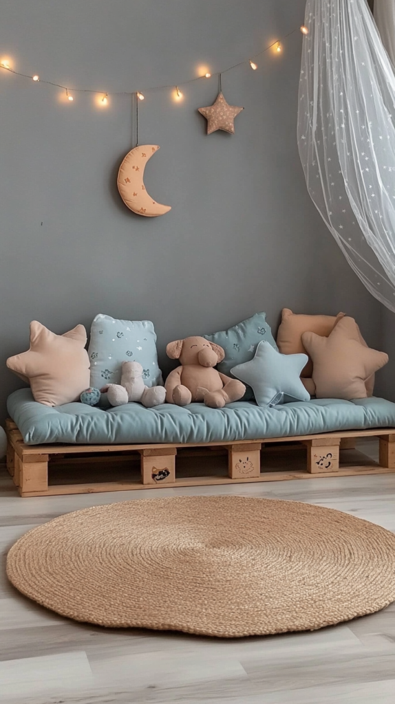 Eine handgefertigte DIY-Paletten-Sitzecke in einer gemütlichen Ecke. Die Holzpalette ist mit einem dicken Schaumstoffpolster bedeckt und mit strukturierten Wurfkissen dekoriert. Ein gewebter Teppich vervollständigt den warmen und einladenden Look."