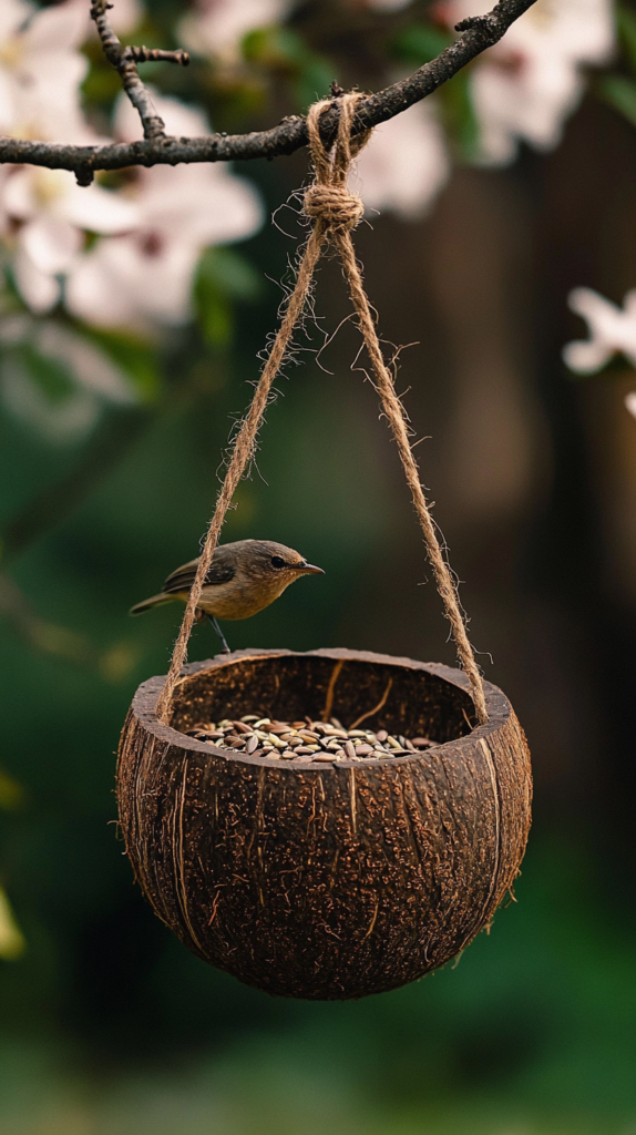 Eine zauberhafte, selbstgemachte Vogel-Futterstation aus einer wiederverwendeten Kokosnussschale, gefüllt mit Samen und getrockneten Früchten. Die Futterstation hängt mit rustikalem Juteband an einem Baumzweig und fügt sich harmonisch in die natürliche Umgebung ein. Ein kleiner Vogel sitzt am Rand und pickt Körner, während im Hintergrund zarte Frühlingsblüten und frisches Grün leuchten