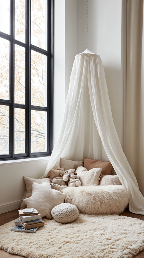 "Ein einladender Leseplatz am Fenster mit weichem Teppich, übergroßen Kissen und einem zarten weißen Baldachin. Ein Stapel Kinderbücher liegt in der Nähe und schafft eine gemütliche Atmosphäre."