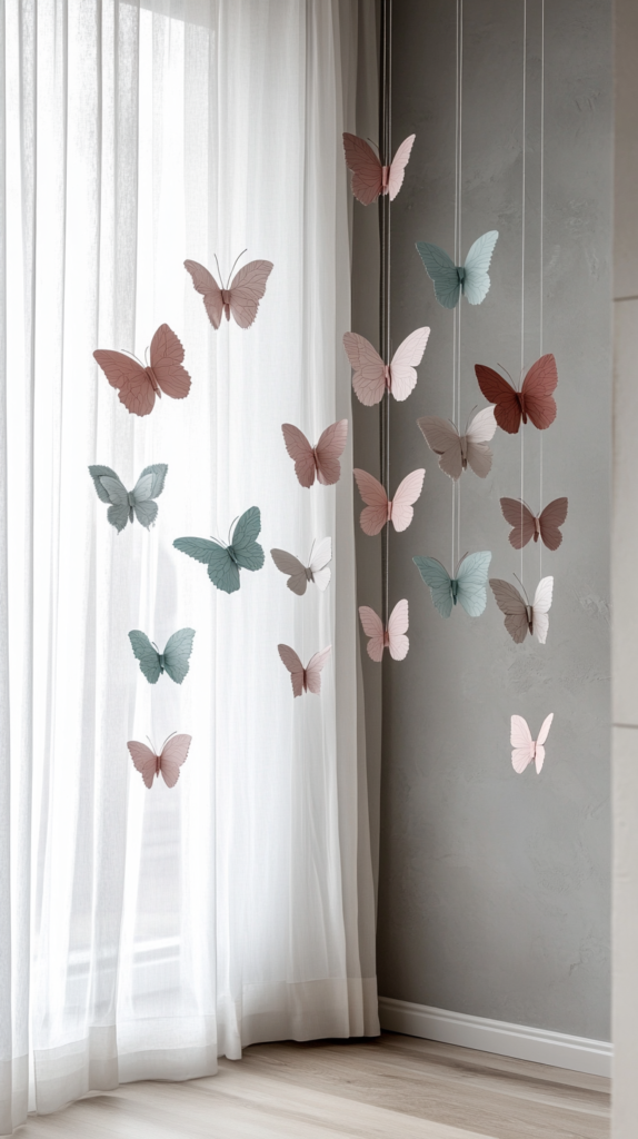 Ein charmantes Frühlingsfenster, dekoriert mit filigranen handgefertigten Papierschmetterlingen in sanften Pastelltönen wie Blush, Mintgrün und zartem Lavendel. Die Schmetterlinge hängen an dünnen, fast unsichtbaren Fäden und scheinen in der Luft zu schweben. Sonnenlicht strömt durch das Fenster und wirft weiche Schatten auf die durchscheinenden weißen Vorhänge, was die verspielte und frische Frühlingsstimmung verstärkt."