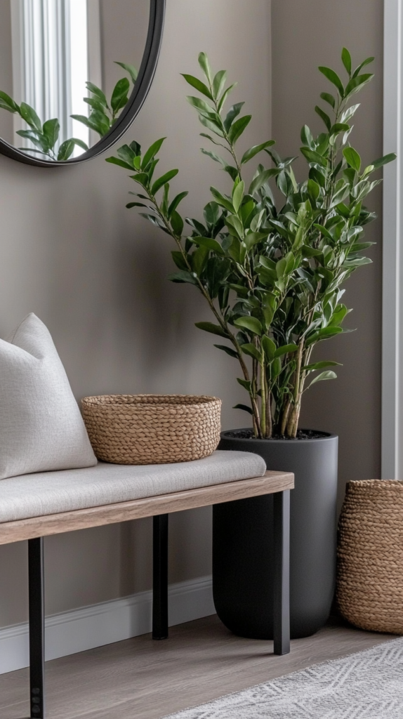 Ein minimalistischer Eingangsbereich mit einer Zamioculcas (Glücksfeder) in einem mattschwarzen Topf. Die aufrechten, glänzenden Blätter setzen einen stilvollen Akzent neben einer Holzbank mit Leinenkissen und einem runden Spiegel.