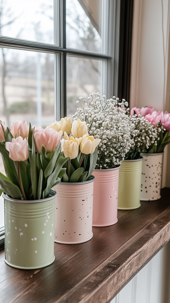 Eine Sammlung upgecycelter Blechdosen, die in wunderschöne Frühlings-Blumentöpfe verwandelt wurden. Jede Dose ist in sanften Pastelltönen wie Blush-Pink, Salbeigrün und Buttergelb bemalt und mit blühenden Tulpen, Narzissen und Schleierkraut bepflanzt. Die dekorative Anordnung steht auf einem Holztisch in der Nähe eines hellen Fensters und fängt die frische und lebendige Frühlingsstimmung ein.